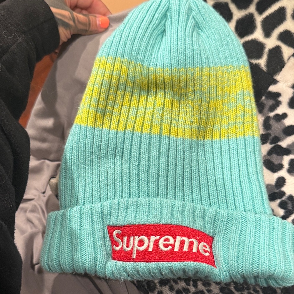 Supreme Stripe Beanie Mint/Yellow Box Logo FW15-16 Rare Colorway